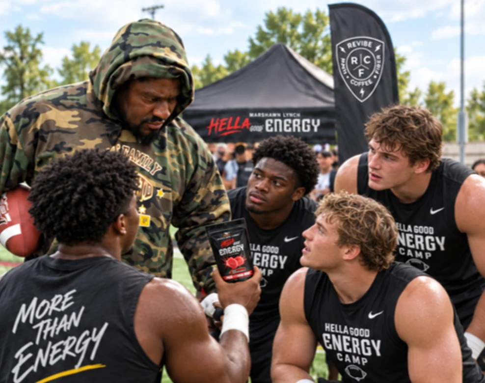 Marshawn Lynch with young athletes in HELLA GOOD! Energy Camp shirts at a football camp